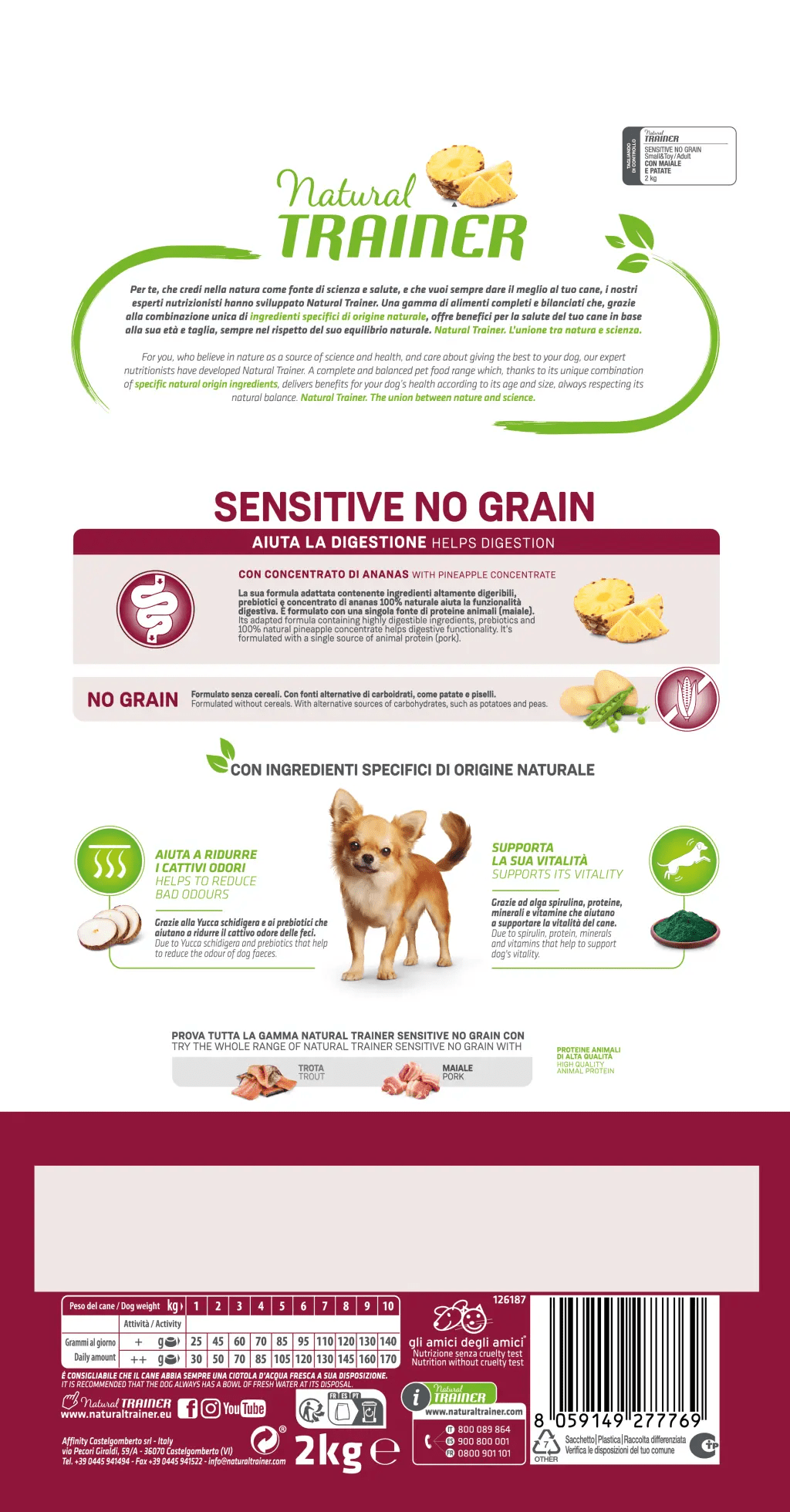 Natural Trainer sensitive no grain maiale e patate small & toy 2 kg