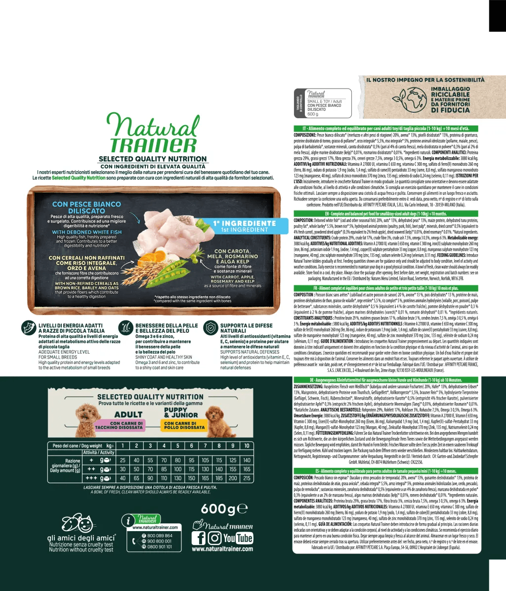 Natural Trainer selected quality nutrition adult mini con pesce bianco diliscato 600 gr
