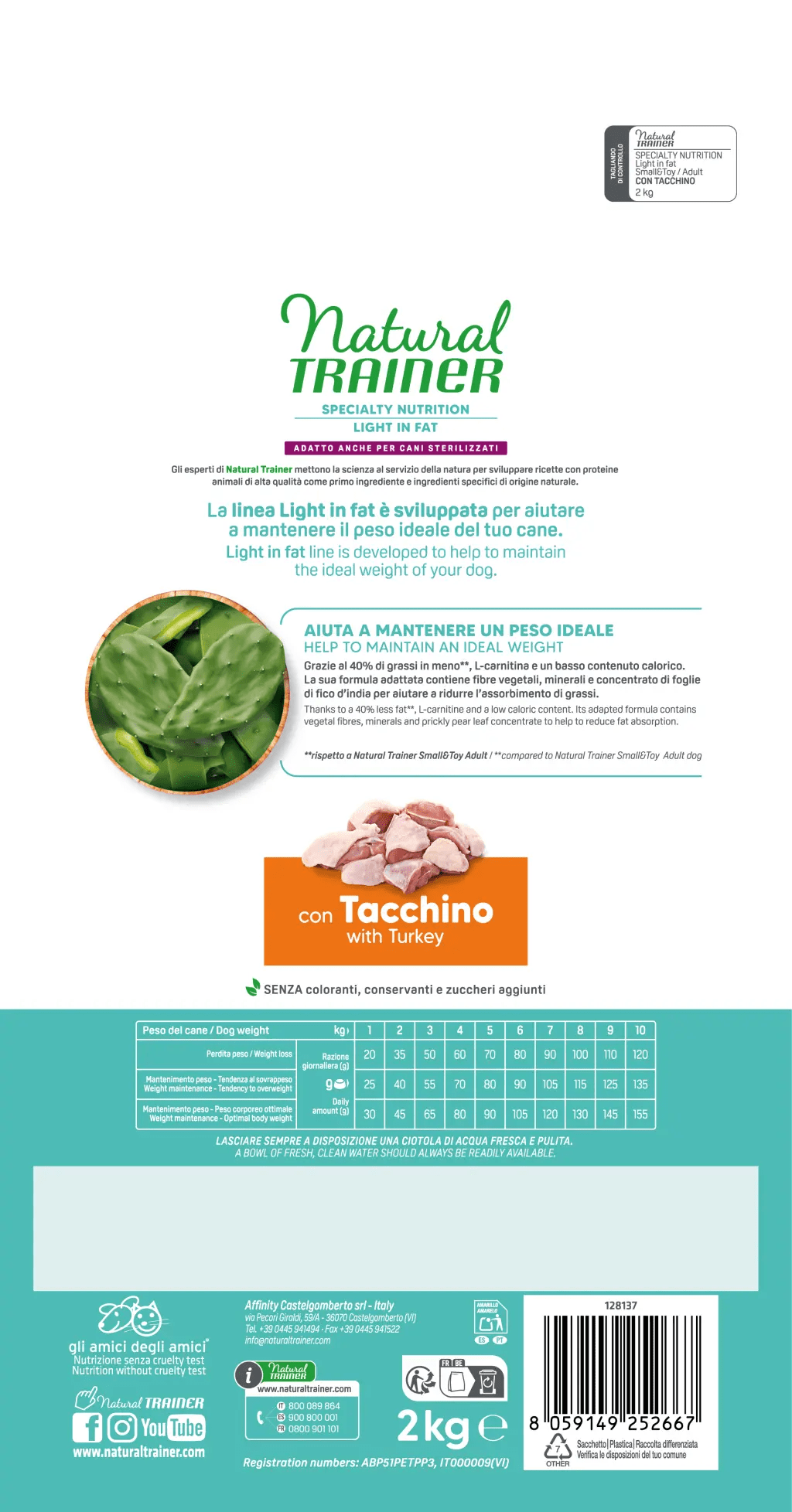 Natural Trainer specialty nutrition light in fat small & toy adult con tacchino 2kg